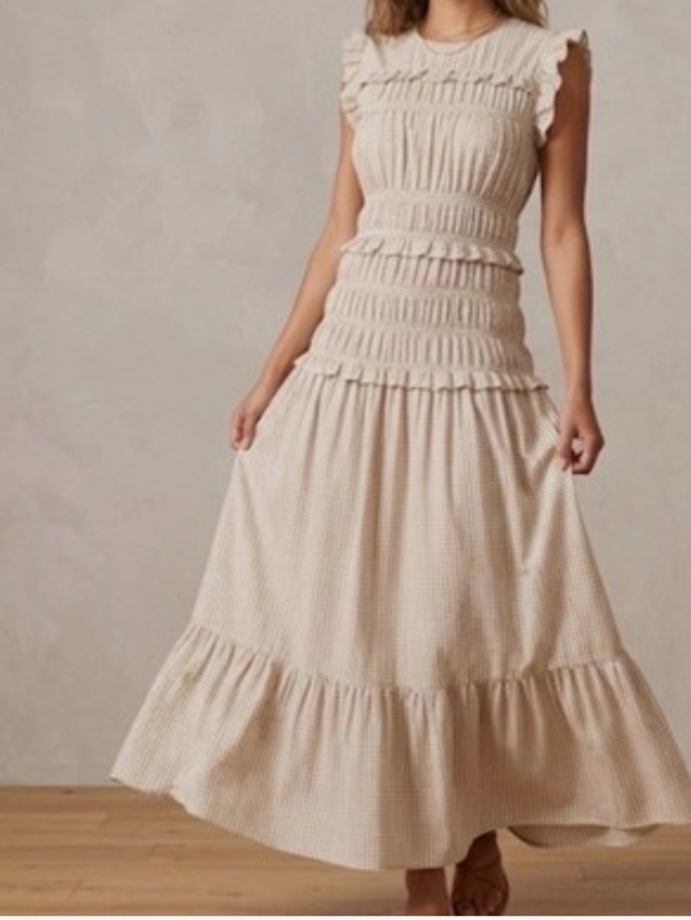 nwt Caroline Constas Smocked Ruffle Gingham Maxi Dress Tan Cottagecore Med